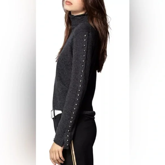 ZADIG & VOLTAIRE | dark gray wool cashmere turtleneck with studs down arms XS - Picture 2 of 12